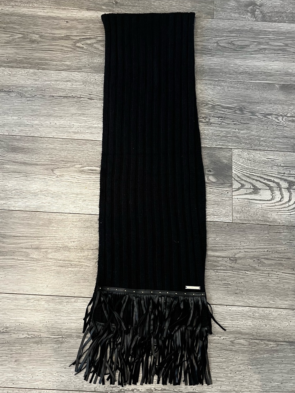 Michael Kors Studded Faux-Leather Fringe Ribbed Scarf Black Gold